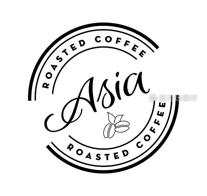 Asia Roasted Coffee round labels on coffee bean on white background